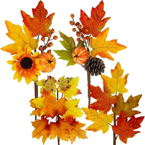 8pcs artificial fall picks maple leaf branches pumpkins sunflowers pine cones de - Picture 4 of 8